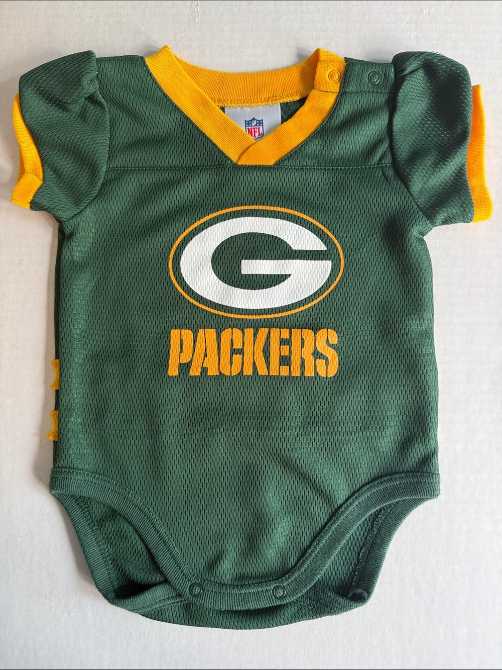 NFL Green Bay Packers Green & Gold Baby Bodysuit with ruffle detail | 3-6 months